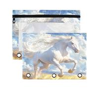 xigua Running White Horse Binder Pencil Pouch with Zipper Enforced Hole 3 Ring Pencil Case Fits Standard 3-Ring Binders-2 Pack