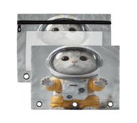 xigua Space Cat Binder Pencil Pouch with Zipper Enforced Hole 3 Ring Pencil Case Fits Standard 3-Ring Binders-2 Pack