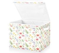 xigua Storage Cube Bin with Lid Spring Watercolor Wild Flowers Foldable Fabric Storage Bins 16.5x12.6x11.8 inches, Decorative Organizer Storage Boxes With Handles for Clothes Storage, Office