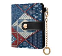 xigua Traditional Patchwork Indigo Kantha Wallet for Women, Small Slim PU Leather Credit Card Wallets RFID Blocking Bifold, Zipper Coin Pocket Purse