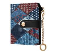 xigua Traditional Patchwork Indigo Kantha Wallet for Women, Small Slim PU Leather Credit Card Wallets RFID Blocking Bifold, Zipper Coin Pocket Purse