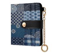 xigua Tribal Kantha Navy Patchwork Wallet for Women, Small Slim PU Leather Credit Card Wallets RFID Blocking Bifold, Zipper Coin Pocket Purse