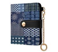 xigua Tribal Kantha Navy Patchwork Wallet for Women, Small Slim PU Leather Credit Card Wallets RFID Blocking Bifold, Zipper Coin Pocket Purse