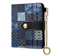 xigua Tribal Kantha Navy Patchwork Wallet for Women, Small Slim PU Leather Credit Card Wallets RFID Blocking Bifold, Zipper Coin Pocket Purse
