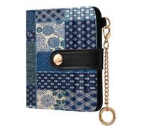 xigua Tribal Kantha Navy Patchwork Wallet for Women, Small Slim PU Leather Credit Card Wallets RFID Blocking Bifold, Zipper Coin Pocket Purse