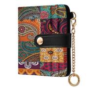 xigua Tribal Patchwork Kantha Wallet for Women, Small Slim PU Leather Credit Card Wallets RFID Blocking Bifold, Zipper Coin Pocket Purse
