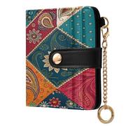 xigua Tribal Patchwork Kantha Wallet for Women, Small Slim PU Leather Credit Card Wallets RFID Blocking Bifold, Zipper Coin Pocket Purse