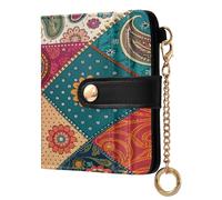 xigua Tribal Patchwork Kantha Wallet for Women, Small Slim PU Leather Credit Card Wallets RFID Blocking Bifold, Zipper Coin Pocket Purse