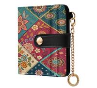 xigua Tribal Patchwork Kantha Wallet for Women, Small Slim PU Leather Credit Card Wallets RFID Blocking Bifold, Zipper Coin Pocket Purse