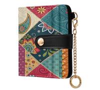 xigua Tribal Patchwork Kantha Wallet for Women, Small Slim PU Leather Credit Card Wallets RFID Blocking Bifold, Zipper Coin Pocket Purse