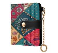 xigua Tribal Patchwork Kantha Wallet for Women, Small Slim PU Leather Credit Card Wallets RFID Blocking Bifold, Zipper Coin Pocket Purse