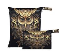 xigua Vintage Owl Gold Wet Bag Nappy Bag,2 PCS Wet Dry Bag, Reusable Produce Bags,Waterproof Washable Hanging Large Two Zippered Pockets for Baby Diaper Travel Beach Pool Daycare Gym Bag674
