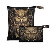 xigua Vintage Owl Gold Wet Bag Nappy Bag,2 PCS Wet Dry Bag, Reusable Produce Bags,Waterproof Washable Hanging Large Two Zippered Pockets for Baby Diaper Travel Beach Pool Daycare Gym Bag675