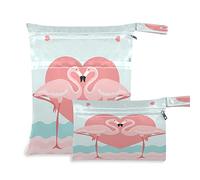 xigua Wet Dry Bag and Nappy Bag (2Pack),Waterproof Diaper Bags Storage Bags for Swimwear, Bathing Suit, Soiled Baby Items or Wet Clothes-Beautiful Tropical Pink Flamingo Love Heart Sunset