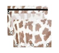 xigua White Brown Print Cow Binder Pencil Pouch with Zipper Enforced Hole 3 Ring Pencil Case Fits Standard 3-Ring Binders-2 Pack