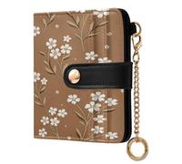 xigua Wildflowers Brown Wallet for Women, Small Slim PU Leather Credit Card Wallets RFID Blocking Bifold, Zipper Coin Pocket Purse