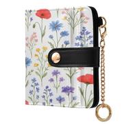 xigua Wildflowers White Wallet for Women, Small Slim PU Leather Credit Card Wallets RFID Blocking Bifold, Zipper Coin Pocket Purse