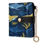 xigua Yellow Blue Shark Wallet for Women, Small Slim PU Leather Credit Card Wallets RFID Blocking Bifold, Zipper Coin Pocket Purse