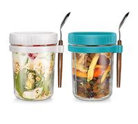 Xigugo Overnight Oats Jars, Overnight Oats Container with Lid and Spoon, 16 oz Cereal, Milk, Vegetable and fruit Salad Storage Container with Measurement Marks (white and green)