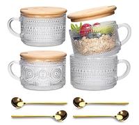 Xigugo Vintage Coffee Mugs 4pcs Set, Clear Embossed Tea Cups with Bamboo Lids and Spoons, 14 Oz Glass Coffee Cups, Cute Coffee Bar Accessories, Iced Coffee Glasses, Ideal for Cappuccino, Latte, Tea