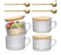 Xigugo Vintage Coffee Mugs 4pcs Set, Clear Embossed Tea Cups with Bamboo Lids and Spoons, 14 Oz Glass Coffee Cups, Cute Coffee Bar Accessories, Iced Coffee Glasses, Ideal for Cappuccino, Latte, Tea