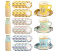 XIHIRCD 120pcs Tea Party Plates and Saucers Sets, Tea Party Decorations 60 9oz Paper Tea Cups with Handle 60 6in Lace Saucer Floral Party Dinnerware for Girls Tea Party Supplies Birthday Decoration