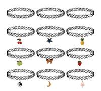 XIHIRCD 12pcs Tattoo Necklace for Choker, Old School Style Elastic Collarbone Necklace with Cute Pendants Stretchy 90s 95s Accessories Jewelry Gift for Women Girls Teen (Black)