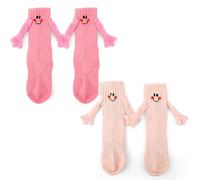 XIHIRCD 2 Pairs Hand Holding Socks for Kids, Funny Magnetic Mid-Tube Novelty Socks Smiley Face Matching Stockings Embroidered Friendship Stockings for 3-5 Years Old Toddler (Complexion & Pink)