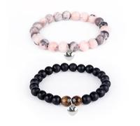 XIHIRCD 2pcs Couples Bracelets, Black Agate Pink Zebra Beaded Matching Bracelets Jewelry Elastic for Friendship Boyfriend Girlfriend Valentines Day Weddings Christmas Birthdays