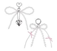 XIHIRCD 2pcs Pearl Bow Keychain, Aesthetic Heart Pendant Pearl Bow Key Chain Lovely Bead Bow-Knot Key Chain Accessories for Women Bag Purse Phone Charms Key Rings