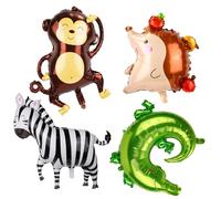 XIHIRCD 4pcs Jungle Safari Animal Balloons, 4 Patterns Wildlife Balloons Large Animal Balloons Zebra Hedgehog Crocodile Monkey Aluminum Foil Balloons for Safari Birthday Decorations