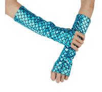 XIHIRCD Blue Sparkly Mermaid Arm Sleeves, 11.61" Long Fish Scale Fingerless Gloves, Shimmery Rave Gloves for Women Girls, Carnival Prom Halloween Cosplay