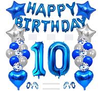 Xihuimay 10th Birthday Decoration Happy Birthday Banner Balloon 10 Year Old Birthday Party Supplies Helium Balloons Number 10 Balloon Confetti Latex Balloon Star Heart Foil Balloon, Silver Blue