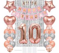 Xihuimay 10th Birthday Decoration Happy Birthday Banner Flag 10 Year Old Birthday Party Supplies Tinsel Curtain Number 10 Balloon Confetti Latex Helium Balloon Star Heart Foil Balloon, Rose Gold