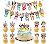 Xihuimay 11pcs Pet Cat Theme Cake Topper Birthday Set Happy Birthday Banner Flower Topper Handmade Cupcake Topper Cat Theme Picks for Boys Girls Birthday Party Decoration