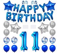 Xihuimay 19pcs 11th Birthday Decoration Kit: Blue & Silver Balloons, Banners, Stars & Sequins - Unisex Kids