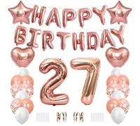 Xihuimay 27th Birthday Decoration Set - Happy Birthday Banner, Helium Balloons, Number 27 Balloon, Confetti, Latex, Star Heart Foil Balloon - Rose Gold Party Supplies