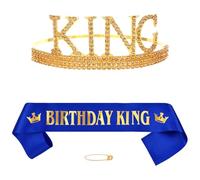 Xihuimay Blue Gold Birthday Crown Queen Sash Kit for Men Boys: Alloy Metal, Rhinestones, Glitter Fabric - Modern, Clear Round Stones - Adults, Birthday Celebrants