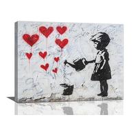 xiilo Banksy Girl Wall Art Heart Pictures Street Graffiti Canvas Wall Decor Kids Aesthetic Painting Pop Home Modern Artwork Decorations Framed for Living Room Bedroom Bathroom Office 16 x 12 inch