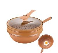 Xiixuuj 12.6in Iron Wok with Lid, Energy-Concentrating Pot Bottom, Clay Non Stick Health Pot Healthy Iron Wok Steaming and Cooking Pot Wok and Pot, Wok with Steamer Basket