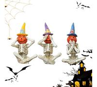 Xijobido Halloween Skeleton Statue - Spooky Table Decor Skeleton Pumpkin Resin Statue | Eerie Halloween Sculpture, See Hear Speak No Evil for Yard Balcony Living Room Shelf Haunted House