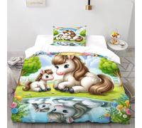 XIKMLSID Rainbow Unicorn 2 Pcs Complete Bedding Set 3D Cute Animals Design Floral Printed Duvet Cover with Fitted Sheet Pillowcases Single（135x200cm）