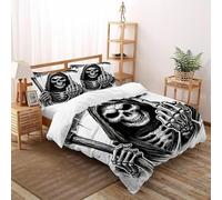 XIKMLSID Skull 3 Pcs Complete Bedding Set 3D Terror Design Floral Printed Duvet Cover with Fitted Sheet Pillowcases Double（200x200cm）
