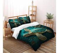 XIKMLSID Turtle Sea Water 3 Pcs Complete Bedding Set 3D Marine Animals Design Floral Printed Duvet Cover with Fitted Sheet Pillowcases Soft And Comfortable Pure Cotton Double（200x200cm）