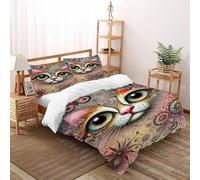 XIKMLSID Weird Cat Face 3 Pcs Complete Bedding Set 3D Cute Animals Design Floral Printed Duvet Cover with Fitted Sheet Pillowcases Double（200x200cm）