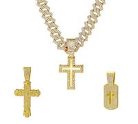 Xikui Cuban Link Chain for Men with 3 Pcs Pendant, Miami Ice Out Diamond Cuban Link Bless King Rich Cross Never Give Up Necklace Hip Hop Jewelry, normal, Alloy Steel, Cubic Zirconia