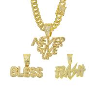 Xikui Cuban Link Chain for Men with 3 Pcs Pendant, Miami Ice Out Diamond Cuban Link Bless King Rich Cross Never Give Up Necklace Hip Hop Jewelry, normal, Alloy Steel, Cubic Zirconia