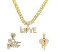Xikui Cuban Link Chain for Men with 3 Pcs Pendant, Miami Ice Out Diamond Cuban Link Bless King Rich Cross Never Give Up Necklace Hip Hop Jewelry, normal, Alloy Steel, Cubic Zirconia