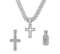 Xikui Cuban Link Chain for Men with 3 Pcs Pendant, Miami Ice Out Diamond Cuban Link Bless King Rich Cross Never Give Up Necklace Hip Hop Jewelry, normal, Alloy Steel, Cubic Zirconia