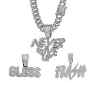 Xikui Cuban Link Chain for Men with 3 Pcs Pendant, Miami Ice Out Diamond Cuban Link Bless King Rich Cross Never Give Up Necklace Hip Hop Jewelry, normal, Alloy Steel, Cubic Zirconia